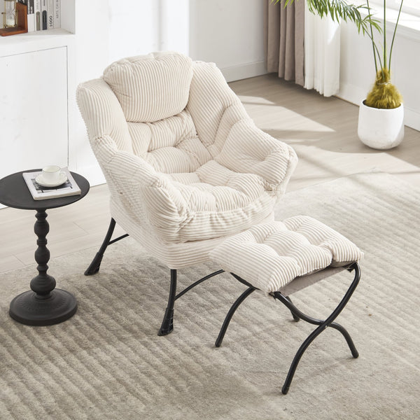 English Elm Lazy Chair Plush Ottoman Lounge Chair with Ergonomic Back, Side Pocket, Steel Frame Comfort White W640P271553
