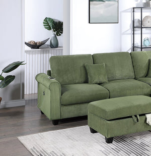 English Elm Gorgeous Sage Corduroy 3pc Sectional with USB LAF Sofa RAF Chaise & Storage Ottoman, Modern Comfort B011S01242