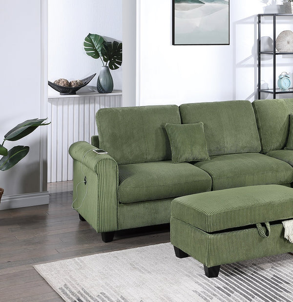 English Elm Gorgeous Sage Corduroy 3pc Sectional with USB LAF Sofa RAF Chaise & Storage Ottoman, Modern Comfort B011S01242