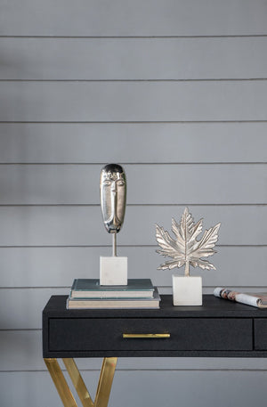 English Elm 7x3x10.5" Aluminum Leaf Sculpture on Marble Base — Elegant Silver Finish, Modern Home Accent, Gift Idea W2078P361046