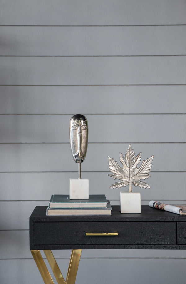 English Elm 7x3x10.5" Aluminum Leaf Sculpture on Marble Base — Elegant Silver Finish, Modern Home Accent, Gift Idea W2078P361046