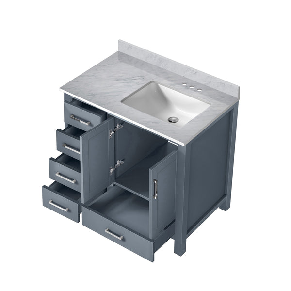 English Elm Dark Grey Bath Vanity With Carrara Marble Top, 36" W X 22" D, Stylish Storage & Easy Installation B2731P258825