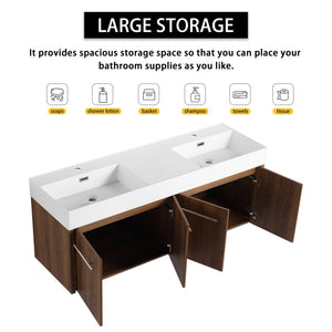 English Elm 60 Inch Wall-Mounted Bathroom Vanity With Double Resin Sink, Modern Design & Ample Storage Space W999S00250