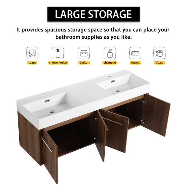 English Elm 60 Inch Wall-Mounted Bathroom Vanity With Double Resin Sink, Modern Design & Ample Storage Space W999S00250