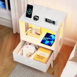 English Elm 2 Pack Modern Nightstands With Usb Charging, Led Light, And Stylish Fabric Drawers For Organization W1550P272168