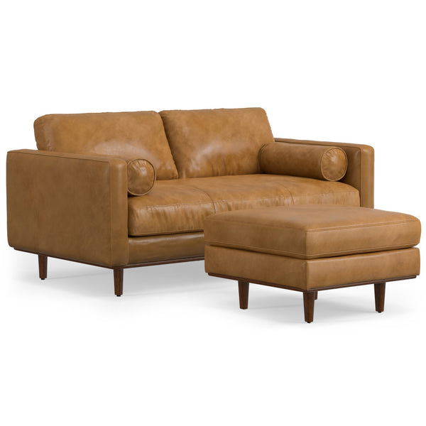 English Elm Morrison 72-inch Sofa and Ottoman Set in Sienna Kind Leather — Mid-Century Modern, Plush 2-Piece B136P199228