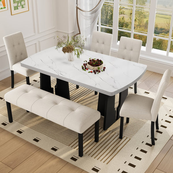 English Elm 6 Piece Dining Set with Rectangular Solid Wood Table, Upholstered Chairs & Bench, Rustic Charm, Easy Assembly, Seats 6 Beige,White N752S000011K