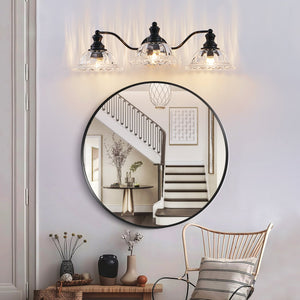 English Elm 24 Vintage 3-Light Wall Sconce with Iron and Glass Shades – Stylish Hardwired Vanity Fixture for Bathroom Mirror Black W2312P374844