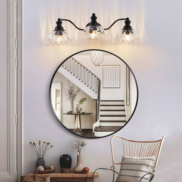 English Elm 24 Vintage 3-Light Wall Sconce with Iron and Glass Shades – Stylish Hardwired Vanity Fixture for Bathroom Mirror Black W2312P374844