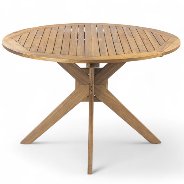 English Elm Christopher Knight Home® - Outdoor Acacia Wood Round Dining Table with Slatted Top and Cross Base, Teak Finish, Seats 4 Stylishly N768P238585T