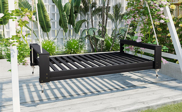 English Elm TOPMAX Twin Size Porch Swing Bed Crafted from Durable Acacia Wood with 400lb Capacity and Hemp Ropes Black N717P210135B