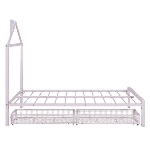 English Elm Full Metal Platform Bed with House-Style Headboard, Two Smooth Storage Drawers, Sturdy 350lb Capacity Pink MF320571AAH