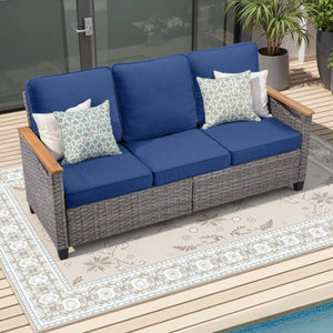 English Elm 73.2" Outdoor Handwoven Rattan 3 Seat Sofa with Olefin Cushions for Porch or Patio Blue T3773P418280