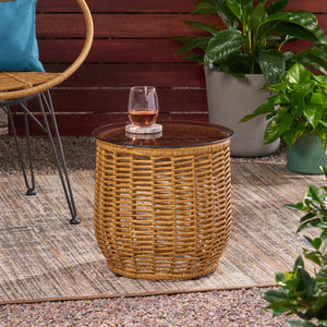 English Elm Christopher Knight Home® - ARIAS RATTAN SIDE TABLE with Tempered Glass Top, Boho Drum Design, Durable Woven Polyethylene Finish Light Brown 65764.00LBRN