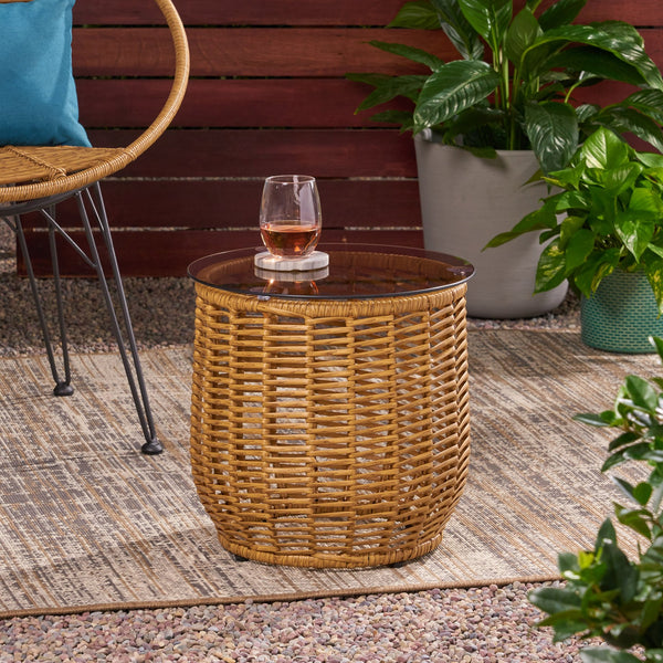English Elm Christopher Knight Home® - ARIAS RATTAN SIDE TABLE with Tempered Glass Top, Boho Drum Design, Durable Woven Polyethylene Finish Light Brown 65764.00LBRN