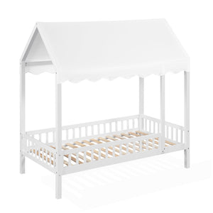 English Elm Gray Finish Canopy Platform Bed Scalloped Fabric Cover Solid Wood Twin Frame White B011P463889