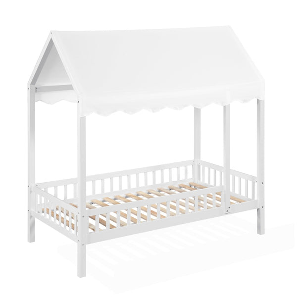 English Elm Gray Finish Canopy Platform Bed Scalloped Fabric Cover Solid Wood Twin Frame White B011P463889