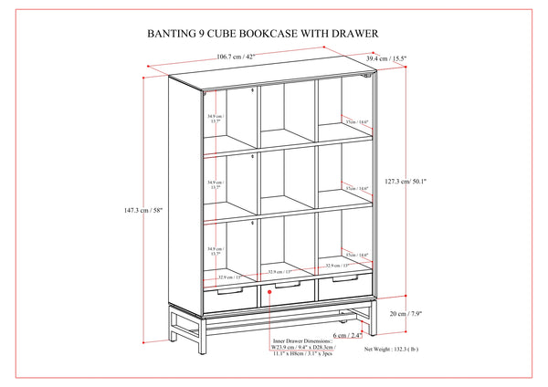 English Elm Banting 9 Cube Bookcase with Drawers Walnut Brown - Solid Rubberwood, Metal Frame, 3 Drawers, 9 Cubes B136P238617