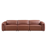 English Elm Modern Simple Line Design 3-Seater Leather Sofa For Living Room, Comfy Sofa Couch With Extra Deep Seats,Adjustable Headrests Couch,Brown