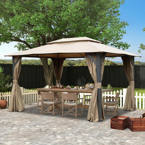 English Elm 10'x13' Outdoor Gazebo Steel Frame Double Roof Patio Shelter with Netting and Curtains Brown W1859P425842