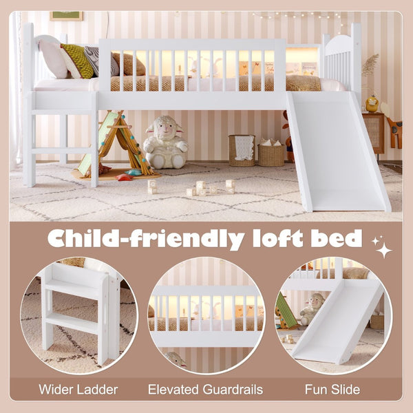 English Elm Twin Low Loft Bed Solid Pine Frame with Built-in Led Lighting and Storage Shelves Light White W1580P395928