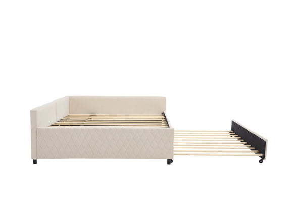 English Elm Upholstered Velvet Daybed with Pull Out Trundle Diamond Tufted Guest Bedroom Sofa Beige W1361S00069