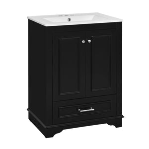 English Elm 24'' Bathroom Vanity with Ceramic Sink Combo Modern Freestanding MDF Cabinet with Soft-Close Doors and Sleek Silver Handles for Spacious Organized Bathroom Storage Black N710P194893B