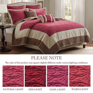 JLA Home Madison Park - 7 Reversible Quilt Set with Euro Shams and Pillows — Soft Microfiber, Woven Texture, Cozy Neutral Accent Red MP13-8804