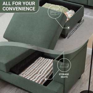 English Elm 86" Linen Sectional Sofa with Storage Ottoman Reversible Chaise for Small Spaces Dark Green W1669S00037