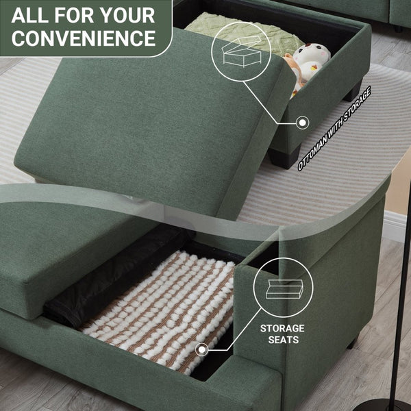 English Elm 86" Linen Sectional Sofa with Storage Ottoman Reversible Chaise for Small Spaces Dark Green W1669S00037