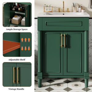 English Elm 24" Bathroom Vanity with Integrated Ceramic Sink and Adjustable Shelf, Vintage Hardware, Space-Saving Design Green N710P277711F