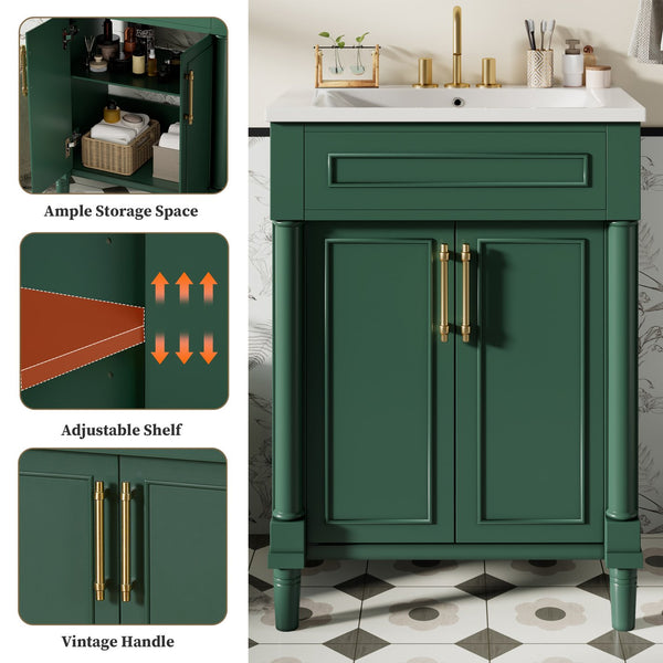 English Elm 24" Bathroom Vanity with Integrated Ceramic Sink and Adjustable Shelf, Vintage Hardware, Space-Saving Design Green N710P277711F