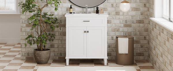 English Elm 30-inch bathroom vanity with ceramic basin, solid wood frame, soft-close doors and adjustable shelves for organized style and lasting durability White N729P173380K