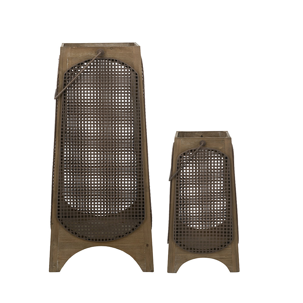 English Elm S/2 Weathered Brown Lanterns with Arched Legs, Textured Mesh Panels, Vintage Glow for Home Decor W2078P370135
