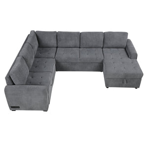English Elm 107.5" U-shaped Sofa Sectional with Storage Chaise, Pull-Out Bed, USB Charging, Corduroy Comfort Gray N719S001570E