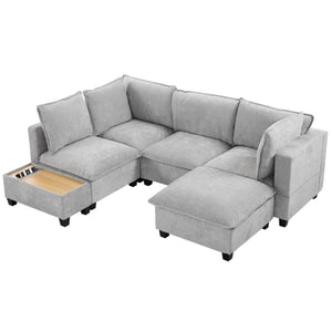English Elm 90" U-shaped Sectional Sofa Modular Couch with Movable Ottoman, Hidden Charging Coffee Table, Durable Comfort Grey N719S001780E