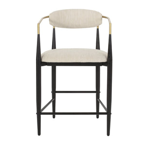 English Elm Counter Stools Set of Two Matte Black Iron Frames Gold Trim Upholstered Seats N771P249370A