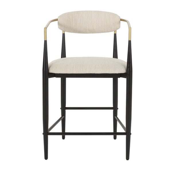 English Elm Counter Stools Set of Two Matte Black Iron Frames Gold Trim Upholstered Seats N771P249370A