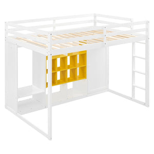 English Elm Twin Loft Bed with Wardrobe Shelves and Cabinet Kids Bedroom Wood Storage Frame Yellow+White N708S00024K