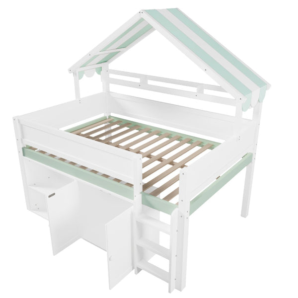 English Elm Full Size Pine Loft Bed with House Canopy Roof Built-in Shelves Kids Bedroom N7090005012F
