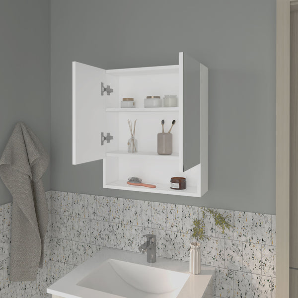 English Elm Lodge White Medicine Cabinet with Mirrored Doors, Open Shelves, Adjustable Storage for Small Baths B128P263726