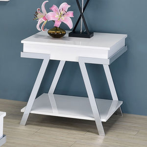 English Elm Contemporary Gloss White End Table with Open Shelf and Polished Chrome Legs for Living Rooms B011P207455