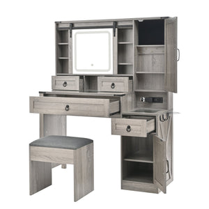English Elm Farmhouse LED Vanity Desk with Sliding Mirror, Glass Top Storage, Built-In Charging Station & Stool Gray 37 L x 18.5 W x 13 H N733P340562G
