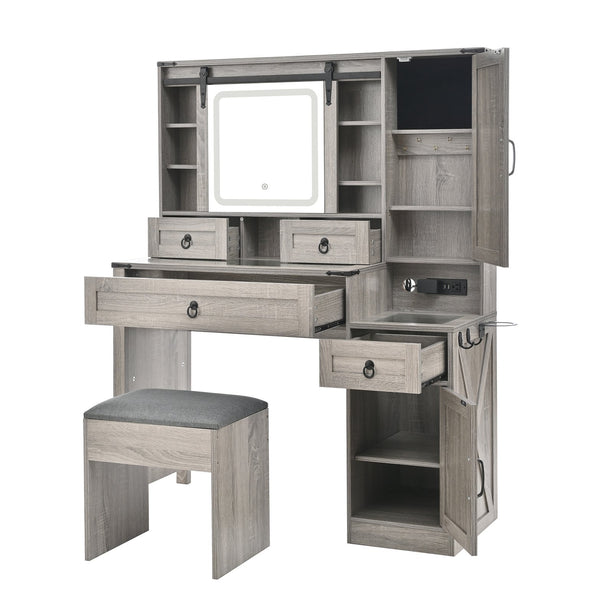 English Elm Farmhouse LED Vanity Desk with Sliding Mirror, Glass Top Storage, Built-In Charging Station & Stool Gray 37 L x 18.5 W x 13 H N733P340562G