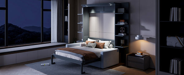English Elm Queen Murphy Bed with Integrated Sofa Space Saving Fold Down Cabinet for Studio Living Gray LP000591AAE-1