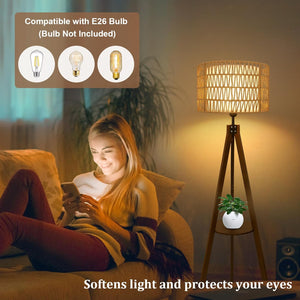 English Elm Boho Rubber Wood Tripod Floor Lamp with Shelves, Dual Rattan & Fabric Shades, Foot Switch Light W2738P185422