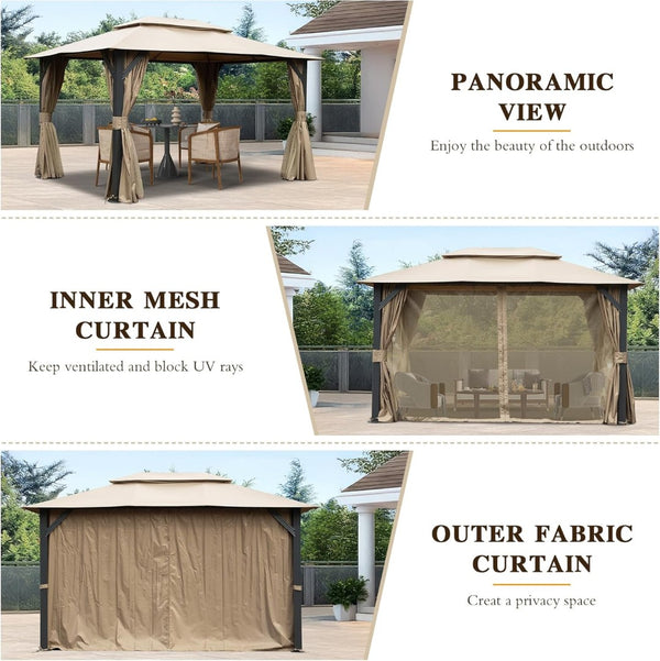 English Elm 10'x13' Outdoor Gazebo Steel Frame Double Roof Patio Shelter with Netting and Curtains Brown W1859P425842