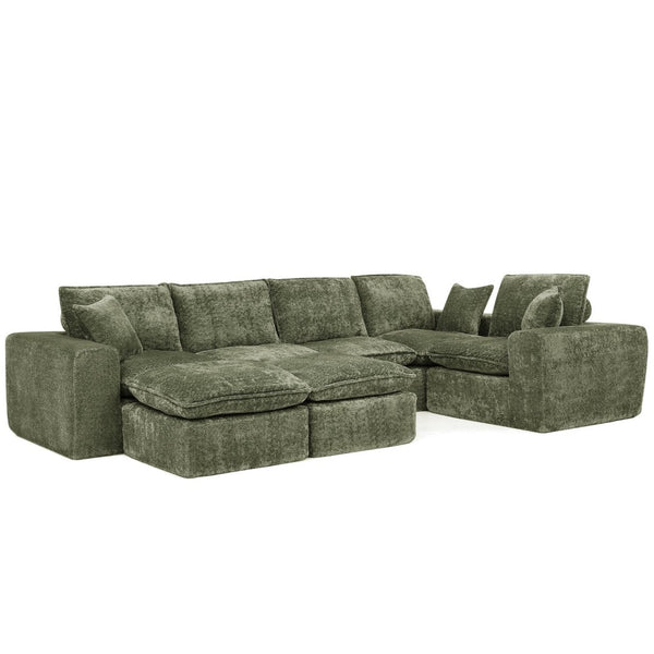 English Elm 107'' Boucle Modular Sectional with Reversible Chaise and Two Ottomans for Living Room Green W1413S00166