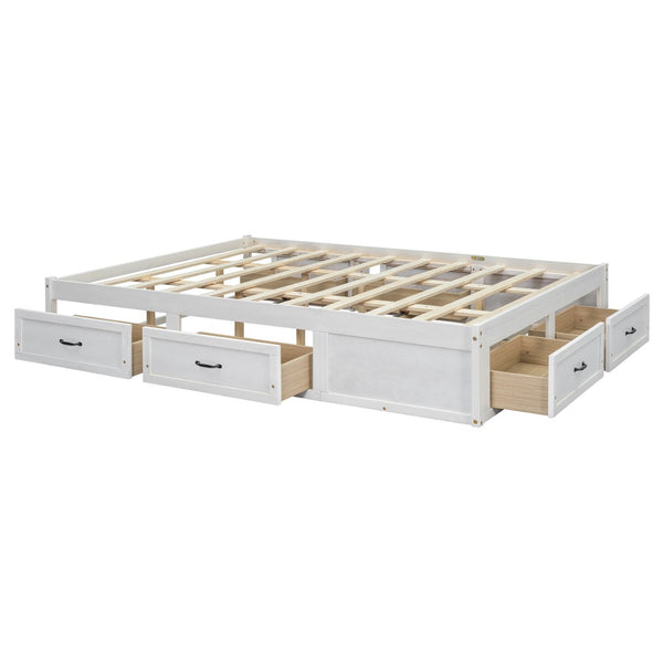 English Elm Queen Platform Bed with Six Storage Drawers Low Profile Frame for Modern Bedrooms Antique White N708P263022K-1