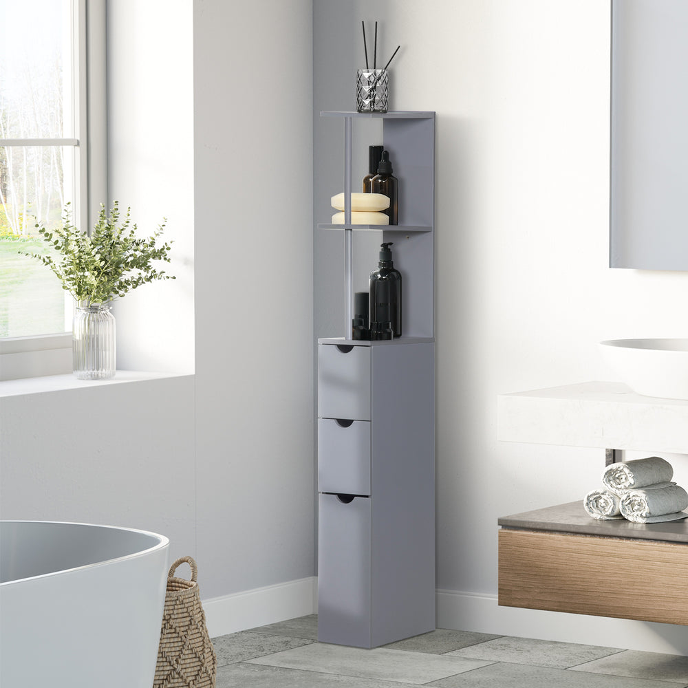English Elm HOMCOM 54" Tall Bathroom Cabinet – Narrow Freestanding Linen Tower with Shelves, Drawers, Wall-Secure Gray W2225P173991
